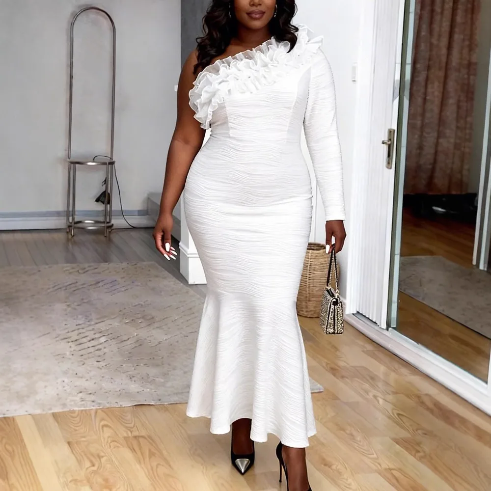 Women's Plus Size White One-Shoulder Mermaid Midi Dress Long Sleeve Ruffle Trim Bodycon Dress Textured Knit Formal Cocktail Gown
Women's Plus Size White One-Shoulder Mermaid Midi Dress Long Sleeve Ruffle Trim Bodycon Dress Textured Knit Formal Cocktail Gown