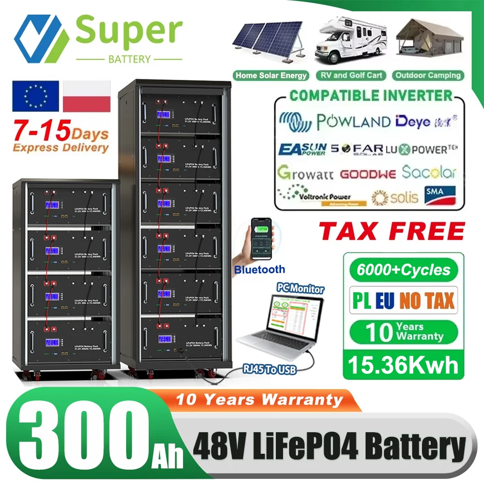 LiFePO4 48V 300Ah 15Kwh Battery Pack 6000+ Cycles Bluetooth RS485 CAN BMS 51.2V 100Ah 120Ah 150Ah 200Ah Lithium Battery EU STOCK
LiFePO4 48V 300Ah 15Kwh Battery Pack 6000+ Cycles Bluetooth RS485 CAN BMS 51.2V 100Ah 120Ah 150Ah 200Ah Lithium Battery EU STOCK