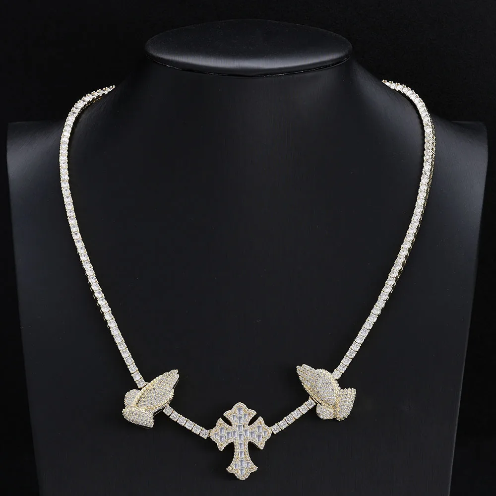 Women's Hip Hop Cross Necklace High Quality Sparkling 5A Cubic Zirconia Praying Hand Cross Pendant Tennis Necklace
Women's Hip Hop Cross Necklace High Quality Sparkling 5A Cubic Zirconia Praying Hand Cross Pendant Tennis Necklace