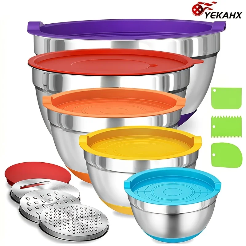 Chef Mixing Bowl Set with Sealed Lid, 8 Stainless Steel Nested Storage Bowls with Grille Attachments, Kitchen Bowls with Anti Slip Bottom, Sizes 5, 4, 3.5, 2, 1.5QT, for Mixing And Serving (black), Father's Gifts, Gifts for Men
Chef Mixing Bowl Set with Sealed Lid, 8 Stainless Steel Nested Storage Bowls with Grille Attachments, Kitchen Bowls with Anti Slip Bottom, Sizes 5, 4, 3.5, 2, 1.5QT, for Mixing And Serving (black), Father's Gifts, Gifts for Men