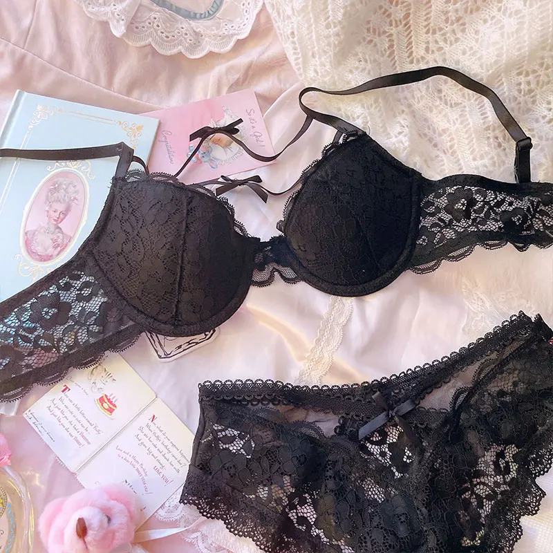 Black Lace Girl Thin Bra Underwear Women Push UP Bralette Bow Strap String Sexy Lingerie Panty Set
Black Lace Girl Thin Bra Underwear Women Push UP Bralette Bow Strap String Sexy Lingerie Panty Set