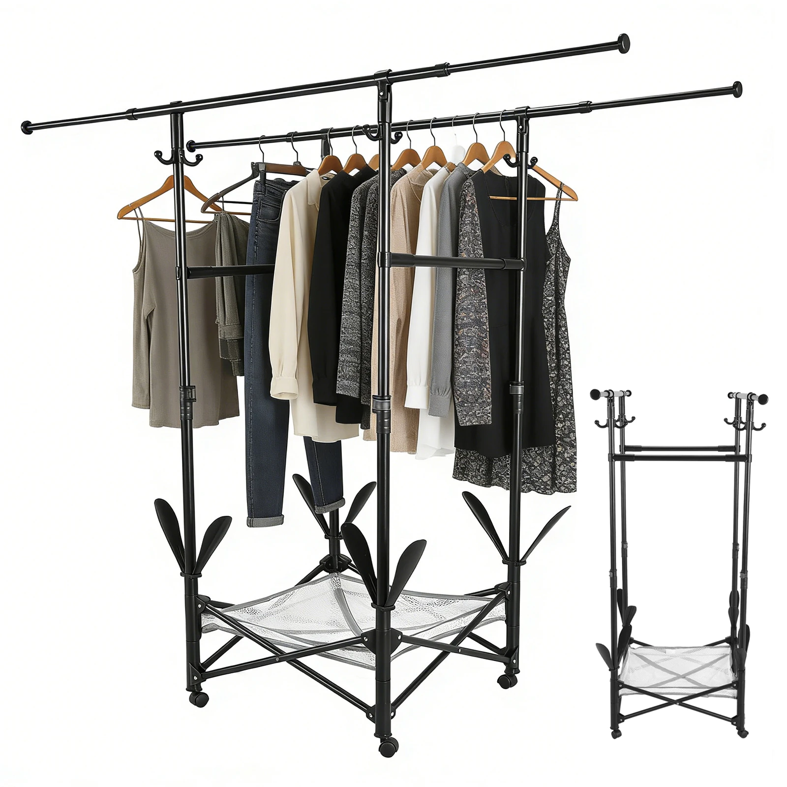 Extendable Clothing Rack with Wheels and Shoe Shelf Double Rod Clothes Drying Rack 130LB Capacity for Apartment RV (01) (02) (03)
Extendable Clothing Rack with Wheels and Shoe Shelf Double Rod Clothes Drying Rack 130LB Capacity for Apartment RV (01) (02) (03)