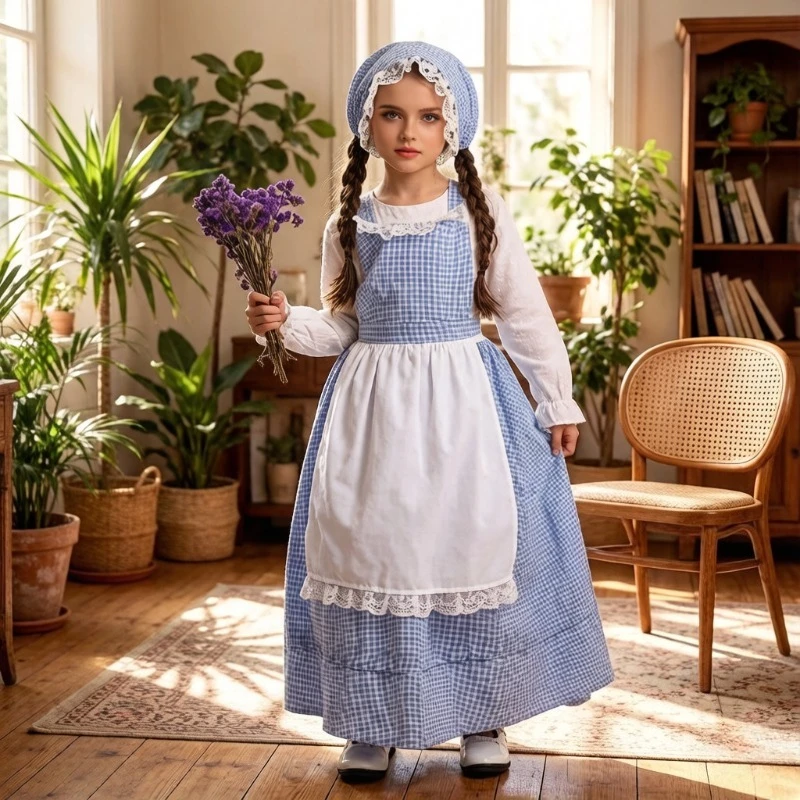 Kids Blue Gingham Pioneer Dress with Bonnet Colonial Maid Cosplay Costume
Kids Blue Gingham Pioneer Dress with Bonnet Colonial Maid Cosplay Costume