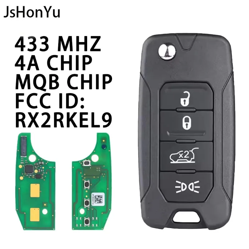 JsHonYu RX2RKEL9 433.92MHz 4A/48 Chip Remote Key for Jeep Renegade 2016-2018 2ADFT-FI5AM433TX 3 Button Flip Keyless Entry Fob