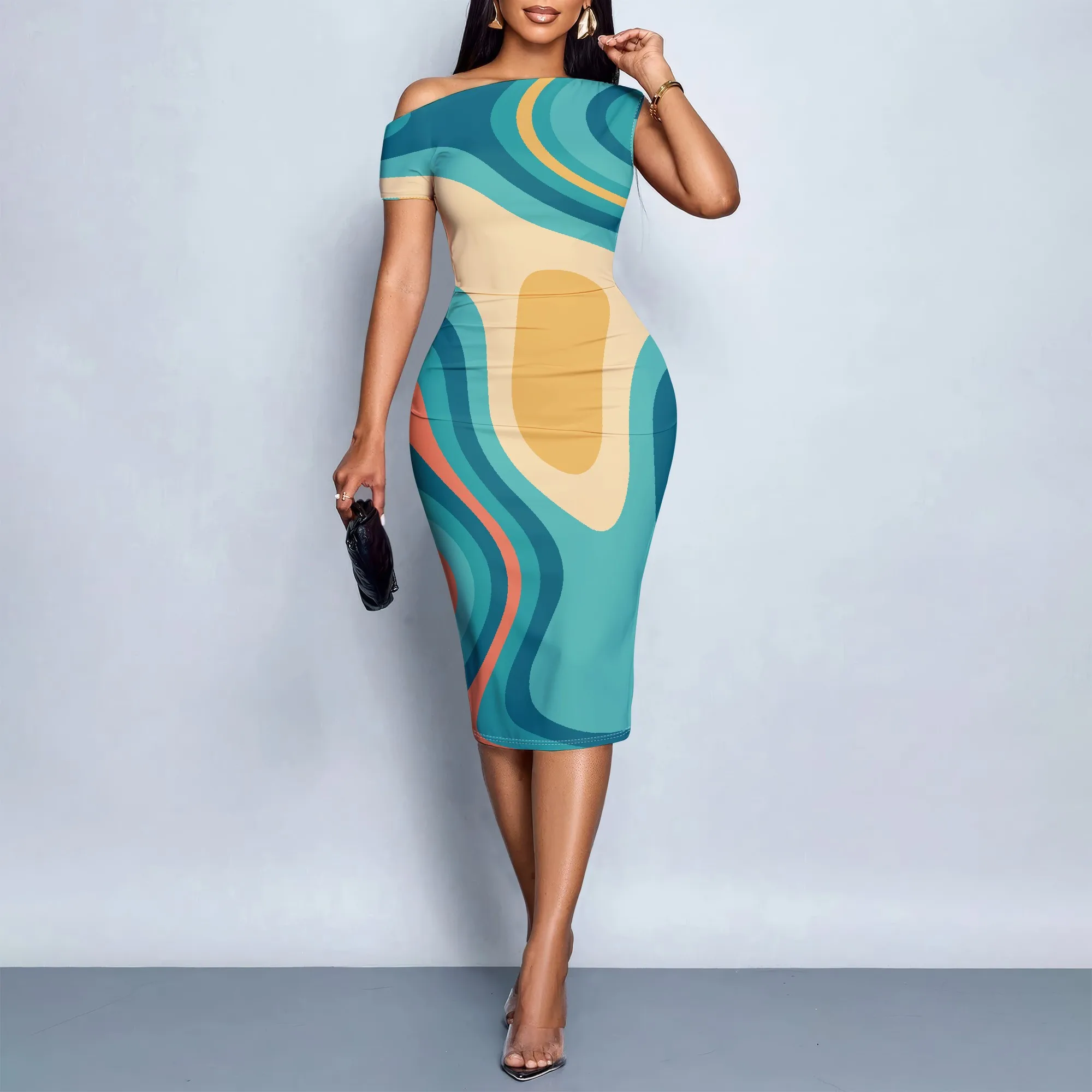 Teal Wave Print Dress, One Shoulder Bodycon Dress, Abstract Art Midi Dress, Short Sleeve Club Wear for Women, S-2XL
Teal Wave Print Dress, One Shoulder Bodycon Dress, Abstract Art Midi Dress, Short Sleeve Club Wear for Women, S-2XL