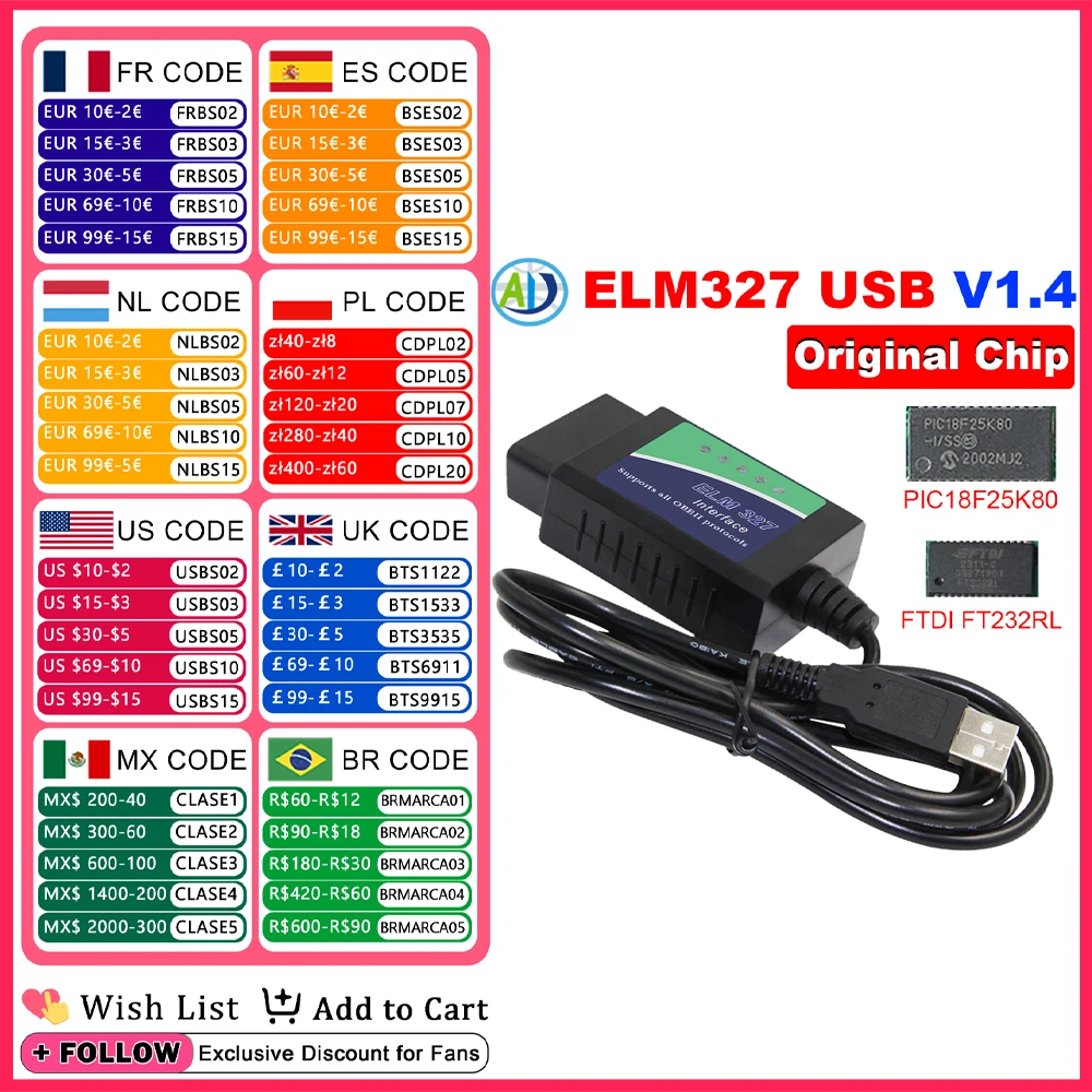 ELM327 USB V1.4 Original PIC18F25K80 FTDI FT232RL OBD2 Diagnostic Tool For CAN KWP VPW PWM OBDII Interface Scanner For ScanTool
ELM327 USB V1.4 Original PIC18F25K80 FTDI FT232RL OBD2 Diagnostic Tool For CAN KWP VPW PWM OBDII Interface Scanner For ScanTool