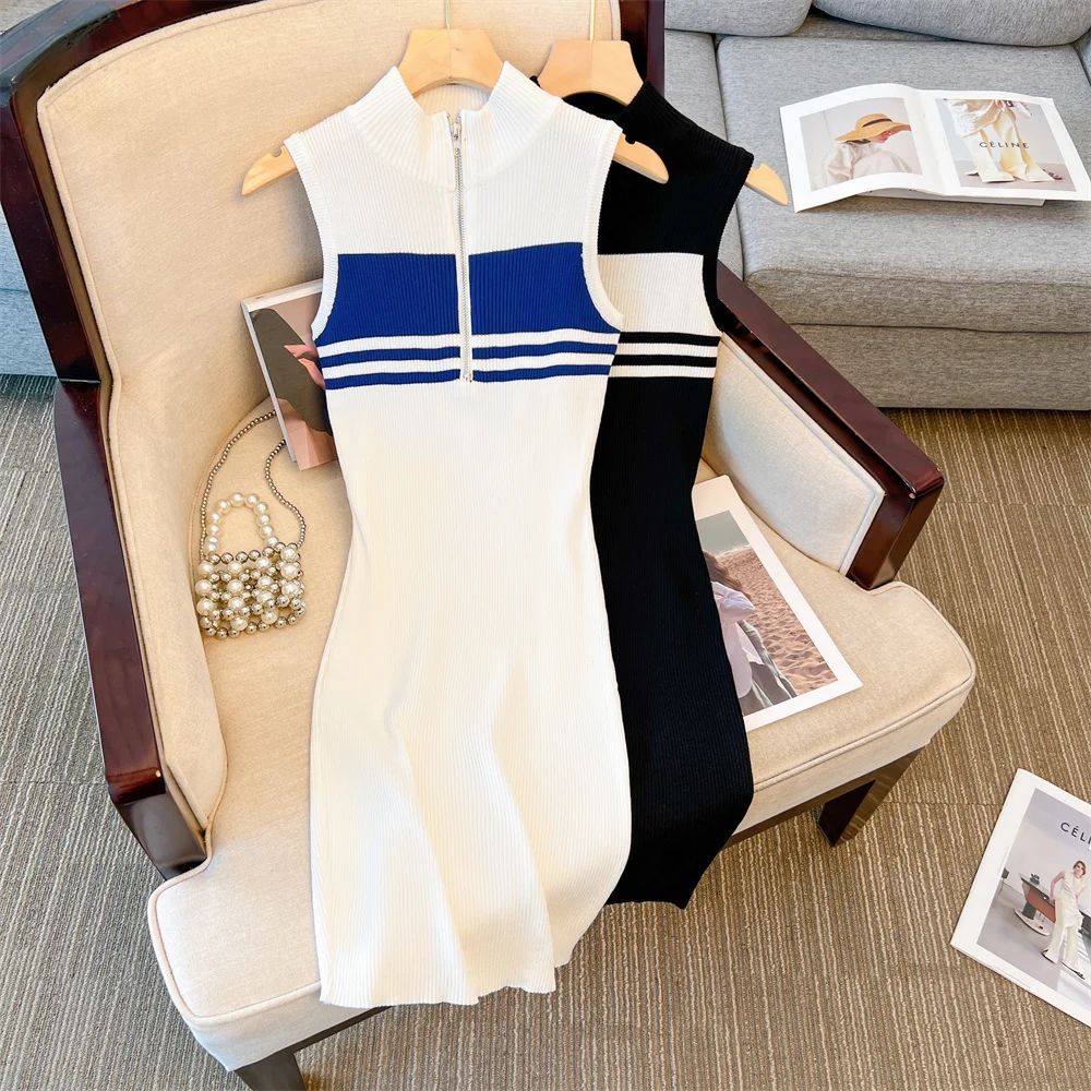 2024 New Summer Stand Collar Sleeveless Knitted mini Dress Hit Color Striped Patchwork Elatic Waist Bodycon Strap Dress
2024 New Summer Stand Collar Sleeveless Knitted mini Dress Hit Color Striped Patchwork Elatic Waist Bodycon Strap Dress
