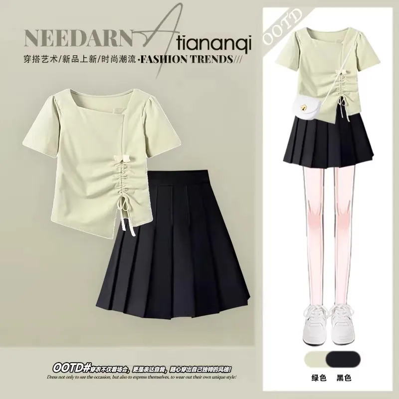 Temperament Set Women's Spring/Summer Korean Edition Short Sleeved T-shirt+High Waisted Black JK Short Skirt Two Piece Set
Temperament Set Women's Spring/Summer Korean Edition Short Sleeved T-shirt+High Waisted Black JK Short Skirt Two Piece Set