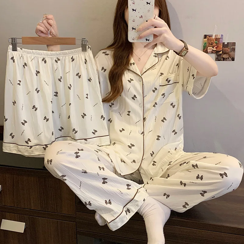 Spring and Summer Simple Style Women's Pajamas, New Summer Bow Short-Sleeve Homewear Three-Piece Set, Loose Summer Clothing
Spring and Summer Simple Style Women's Pajamas, New Summer Bow Short-Sleeve Homewear Three-Piece Set, Loose Summer Clothing