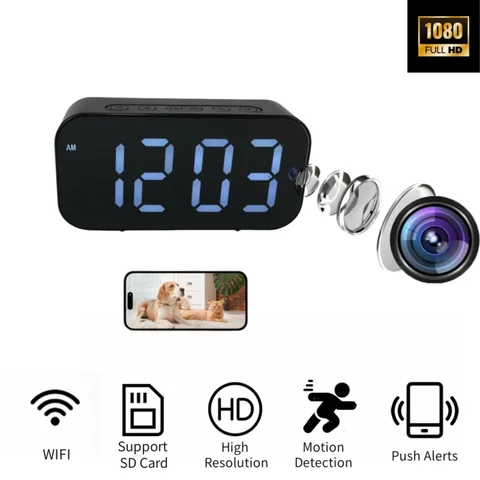 1080P HD WIFI Alarm Clock Camera with Remote Viewing, Motion Detection, Recording, Nanny Cam with 16GB SD Card for Home security