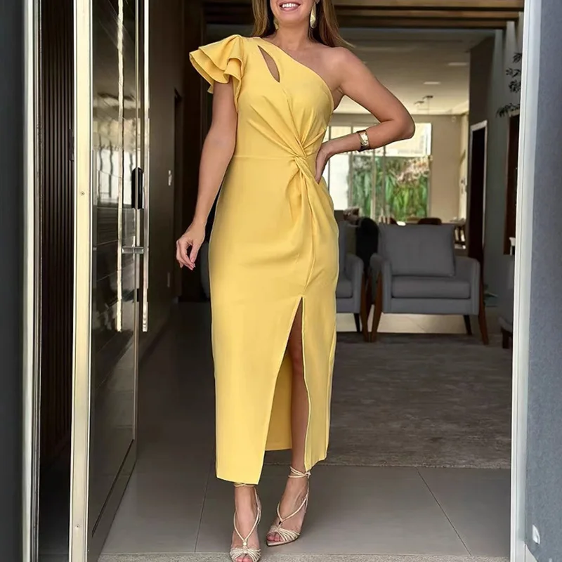 Elegant Twisted Long Dress Ladies Sexy Asymmetrical High Waist A-line Dress Ruffled One Shoulder Sleeves Hollow Slim Party Dress
Elegant Twisted Long Dress Ladies Sexy Asymmetrical High Waist A-line Dress Ruffled One Shoulder Sleeves Hollow Slim Party Dress