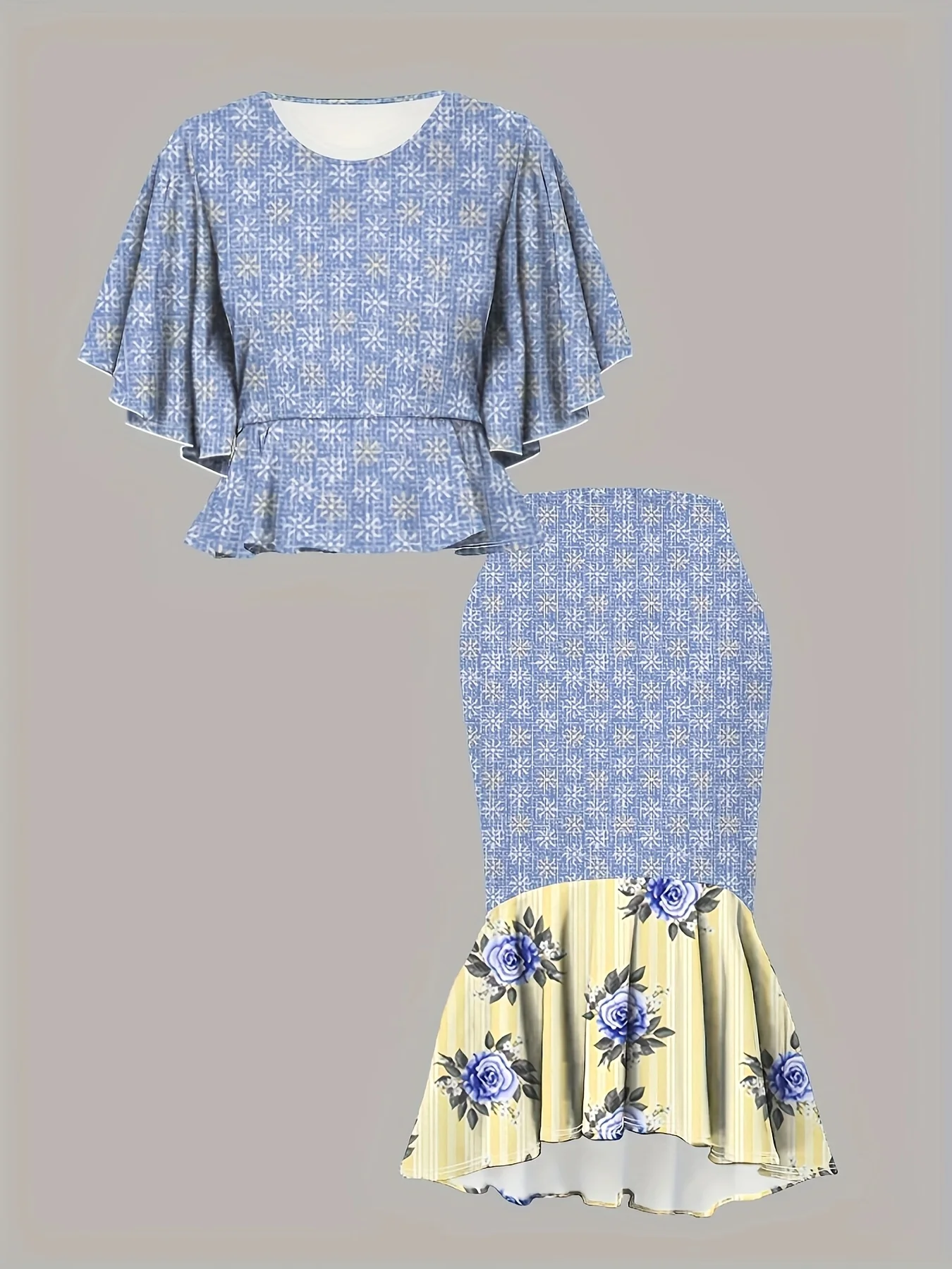 Plus Size Women's Blue Patterned Ruffle Sleeve Top + Floral Mermaid Skirt 2-Piece Set - Retro Casual Party Style (0XL-4XL)
Plus Size Women's Blue Patterned Ruffle Sleeve Top + Floral Mermaid Skirt 2-Piece Set - Retro Casual Party Style (0XL-4XL)