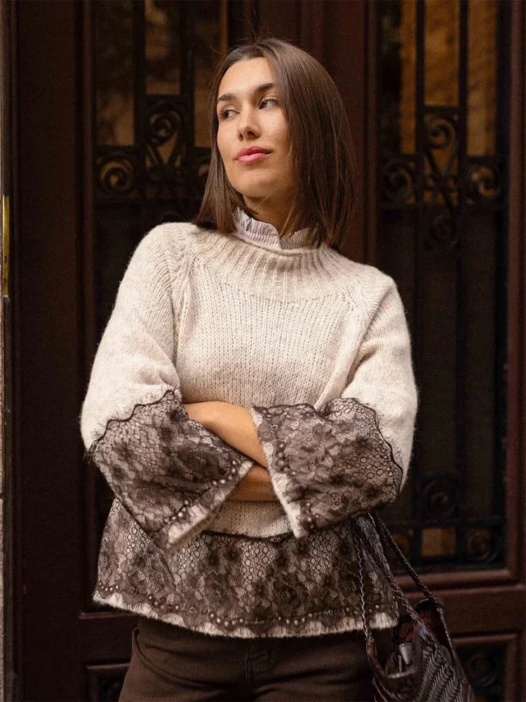 Lace Patchwork Pullover Women Elegant Half-high Collar Full Sleeve Cropped Kintted Sweaters 2026 Lady Daily Commuting Sweaters
Lace Patchwork Pullover Women Elegant Half-high Collar Full Sleeve Cropped Kintted Sweaters 2026 Lady Daily Commuting Sweaters