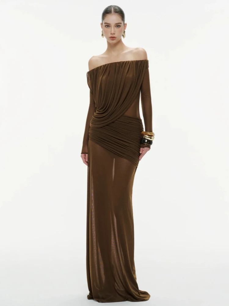 Sexy Long Sleeve Off The Shoulder Draped Long Mesh Dress Women Brown Slash Neck Folds Slim Elegnat Evening Party Cocktail Gowns
Sexy Long Sleeve Off The Shoulder Draped Long Mesh Dress Women Brown Slash Neck Folds Slim Elegnat Evening Party Cocktail Gowns