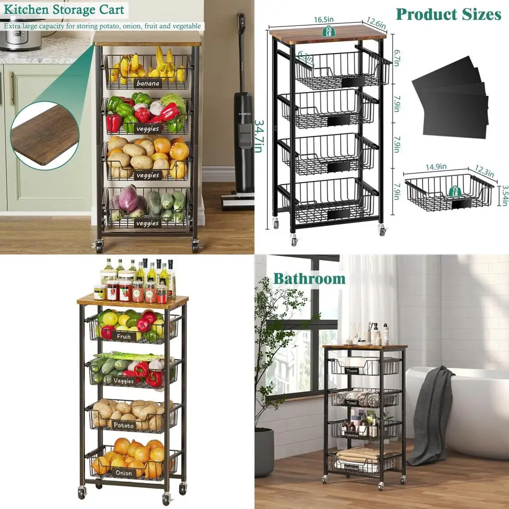 5-Tier Rolling Metal Cart with Wood Top and Pull-Out Baskets for Kitchen, Living Room, Dining Room, and Office Storage
5-Tier Rolling Metal Cart with Wood Top and Pull-Out Baskets for Kitchen, Living Room, Dining Room, and Office Storage
