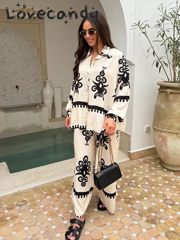 Casual Printed Wide Leg Trousers Outfits Women Elegant Lapel Long-sleeved Single-breasted Shirt Set New Lady Commute Street Suit
Casual Printed Wide Leg Trousers Outfits Women Elegant Lapel Long-sleeved Single-breasted Shirt Set New Lady Commute Street Suit