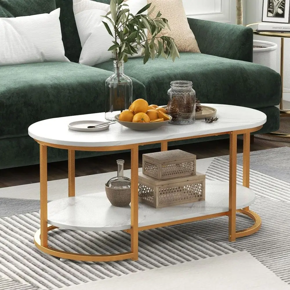39.5 Oval Marble Top Gold Metal 2-Tier Cocktail Table for Living Room
39.5 Oval Marble Top Gold Metal 2-Tier Cocktail Table for Living Room
