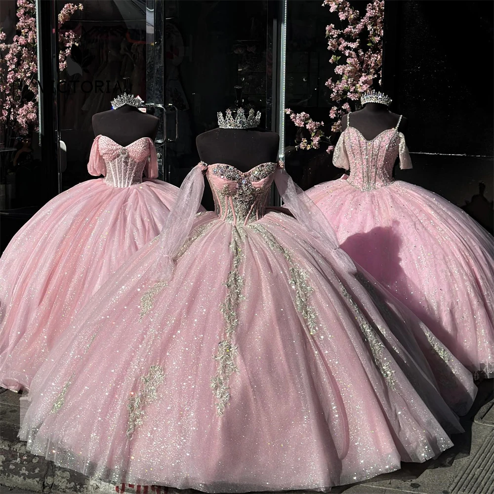 Shinning Lace Appliques Corset Pink Puff Off The Shoulder Quinceanera Dresses Ball Gown Princess Dress vestidos Customized
Shinning Lace Appliques Corset Pink Puff Off The Shoulder Quinceanera Dresses Ball Gown Princess Dress vestidos Customized