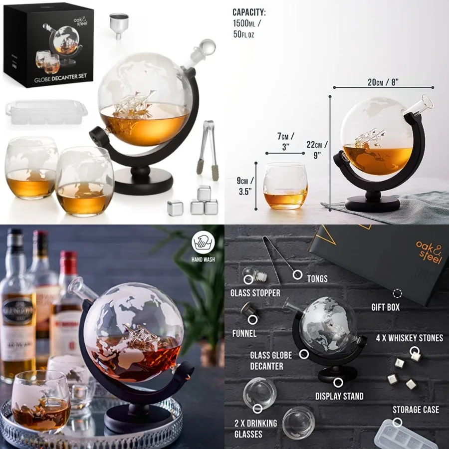 Oak Steel - 50 Oz Globe Whiskey Decanter Set, 2 Etched Whiskey Glasses, Ideal for Whiskey, Bourbon, Vodka, Tequila - Fathers Da
Oak Steel - 50 Oz Globe Whiskey Decanter Set, 2 Etched Whiskey Glasses, Ideal for Whiskey, Bourbon, Vodka, Tequila - Fathers Da
