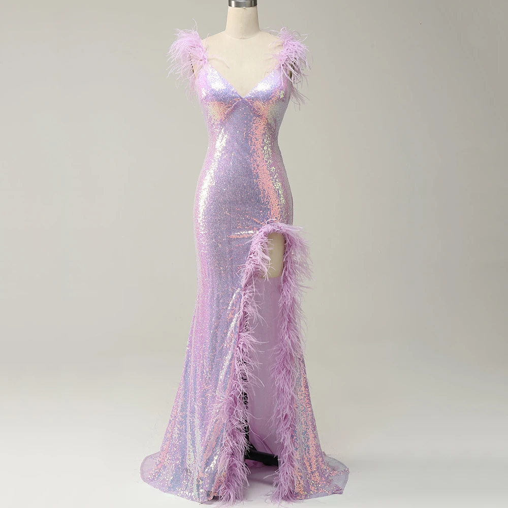 Exquisite Feathers Spaghetti Straps Evening Dress Mermaid V-Neck Sequin Side Slit Floor Length Sweep Train Ladies Party Gowns
Exquisite Feathers Spaghetti Straps Evening Dress Mermaid V-Neck Sequin Side Slit Floor Length Sweep Train Ladies Party Gowns