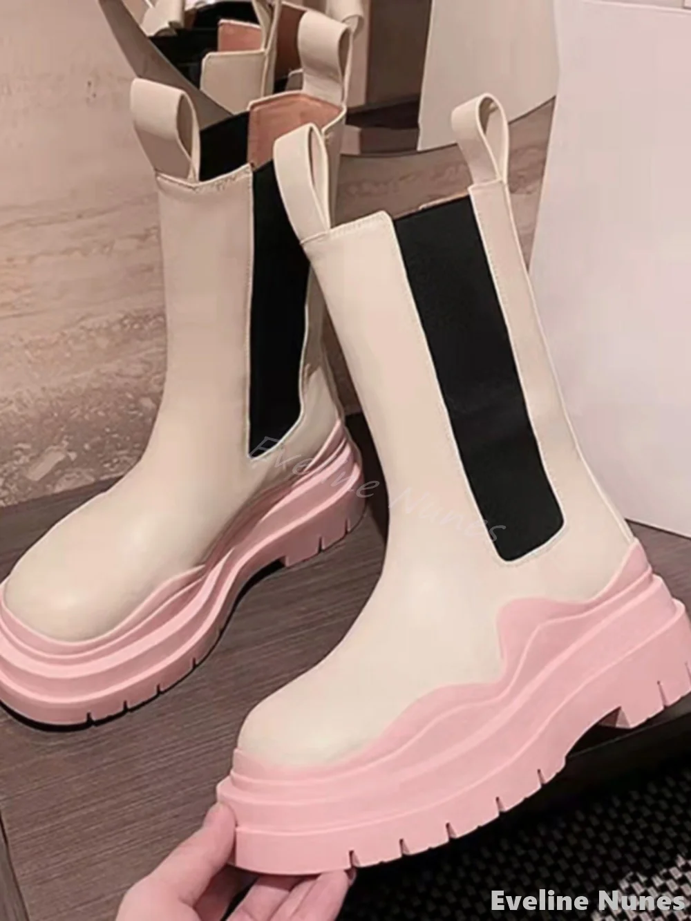 Pink Thick Sole Mid-calf Boots Women Round Toe Chunky Heel Slip On Mixed Colors Leather Stretch Boots New Fashion Ankle Boots
Pink Thick Sole Mid-calf Boots Women Round Toe Chunky Heel Slip On Mixed Colors Leather Stretch Boots New Fashion Ankle Boots