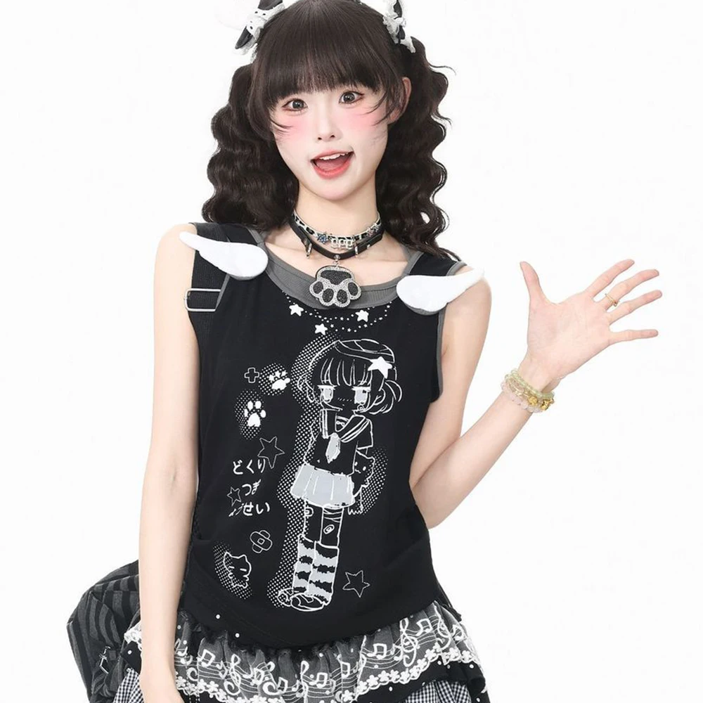 Japanese Kawaii Women's Vest Cute Anime Sweet Y2K T-Shirt Top Fake Two-Piece Set Black and White Sleeveless Vest T-Shirt 2026
Japanese Kawaii Women's Vest Cute Anime Sweet Y2K T-Shirt Top Fake Two-Piece Set Black and White Sleeveless Vest T-Shirt 2026