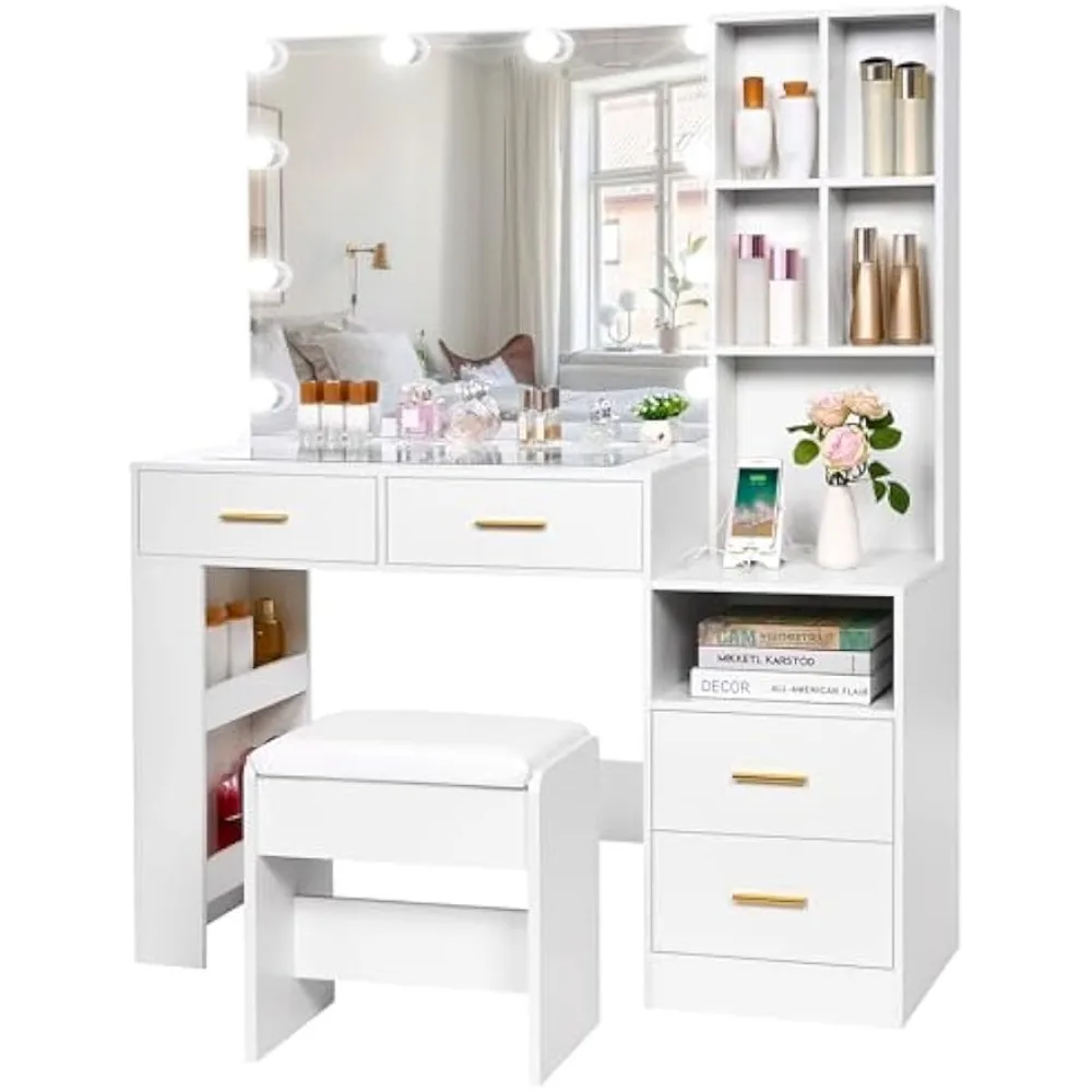 White Vanity Desk with Mirror and Lights, Makeup Vanity Set with Glass Top, Large Dressing Table with Charging Station, Stool
White Vanity Desk with Mirror and Lights, Makeup Vanity Set with Glass Top, Large Dressing Table with Charging Station, Stool