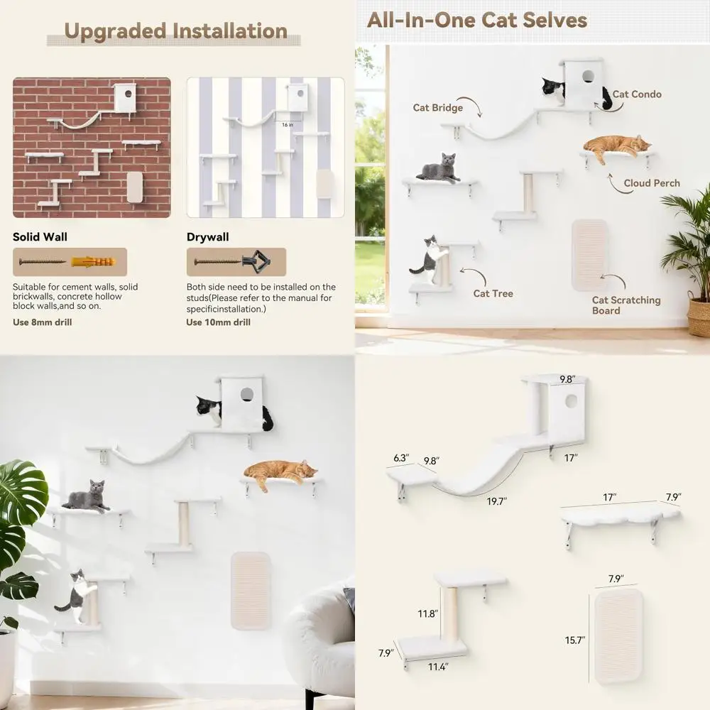 Indoor Wall-Mounted Cat Furniture: 6-in-1 Modern Floating Shelves with Scratching Posts, Bed, Perch, Bridge, Condo, Steps, and S
Indoor Wall-Mounted Cat Furniture: 6-in-1 Modern Floating Shelves with Scratching Posts, Bed, Perch, Bridge, Condo, Steps, and S