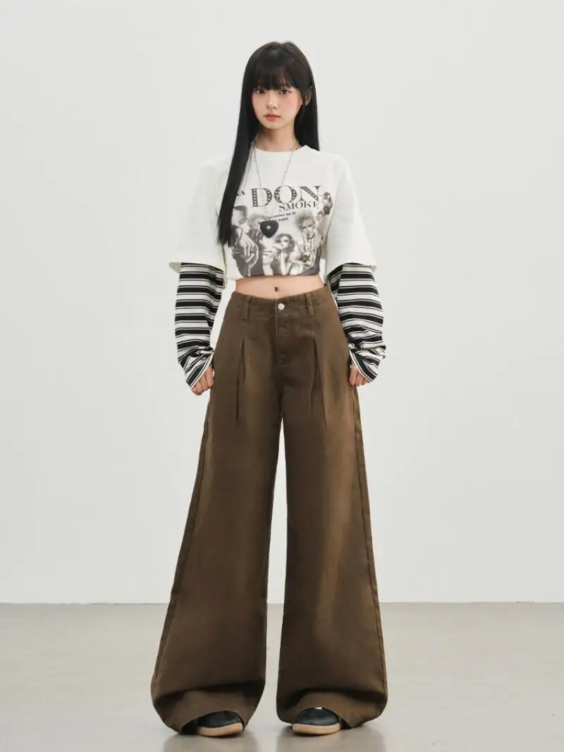 brown wide-leg Women's Pants jeans Spring autumn high waist Breathable drape loose Vintage fold mop the floor Straight pants
brown wide-leg Women's Pants jeans Spring autumn high waist Breathable drape loose Vintage fold mop the floor Straight pants