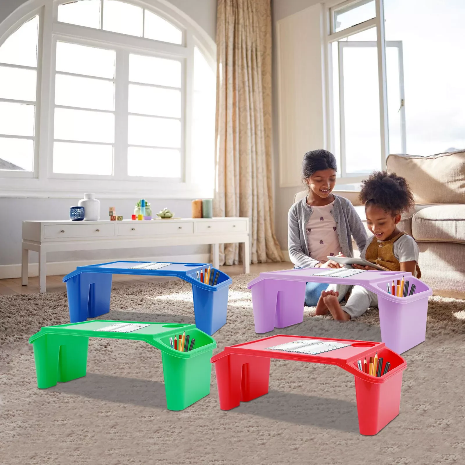 4 Pcs Set Kids Lap Desk Tray, Plastic Breakfast Laptop Trays, with Side Pockets & Cup Holder, Lightweight, Stackable 
4 Pcs Set Kids Lap Desk Tray, Plastic Breakfast Laptop Trays, with Side Pockets & Cup Holder, Lightweight, Stackable