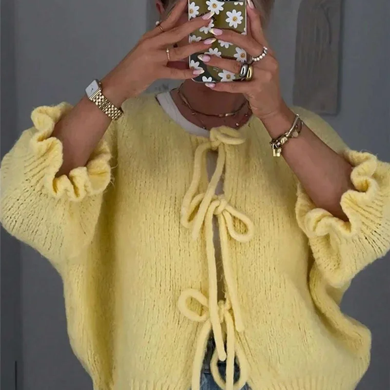 Autumn Long Sleeve Top Knitted Yellow Tie Up Cardigans For Woman Vintage Cropped Sweaters Women Luxury Clothes 
Autumn Long Sleeve Top Knitted Yellow Tie Up Cardigans For Woman Vintage Cropped Sweaters Women Luxury Clothes