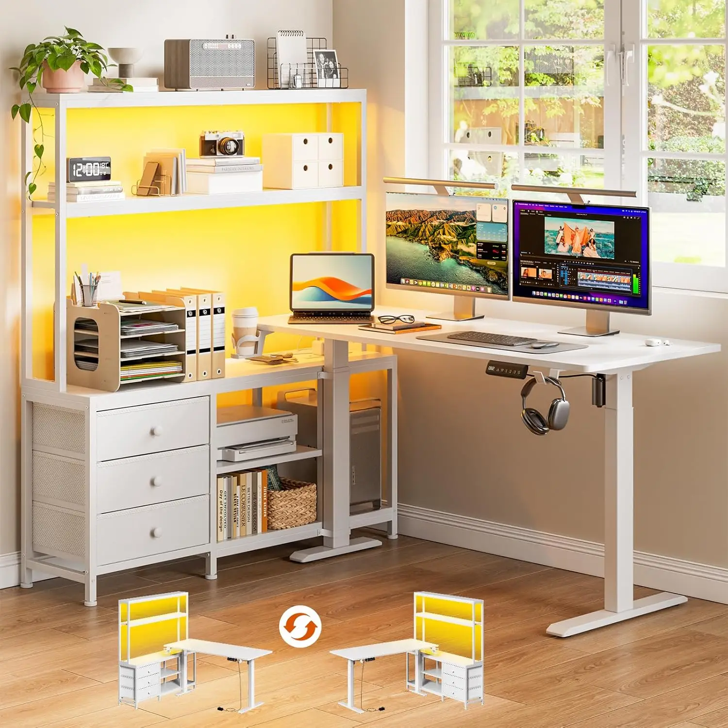 65" L Shaped Electric Height Adjustable Desk Storage Hutch Drawers USB LED Home Office White, Customized
65" L Shaped Electric Height Adjustable Desk Storage Hutch Drawers USB LED Home Office White, Customized
