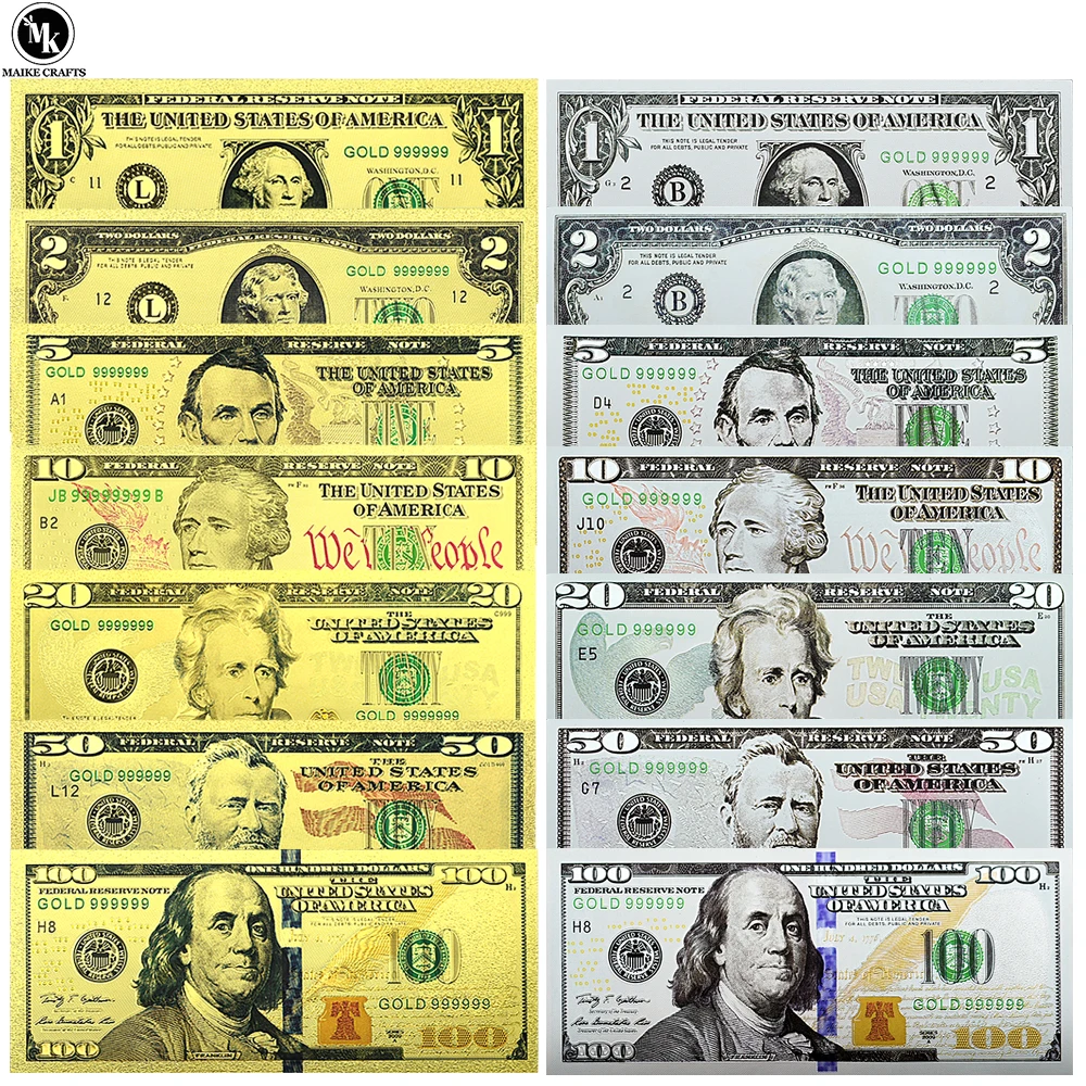 14 Pcs/set US 1/2/5/10/20/50/100 U.S. Dollar Gold-plated Silver Gold Foil Banknote Home Decoration Plastic Money Collection Gift
14 Pcs/set US 1/2/5/10/20/50/100 U.S. Dollar Gold-plated Silver Gold Foil Banknote Home Decoration Plastic Money Collection Gift