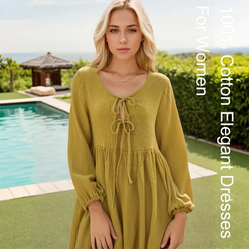 Muslin 100% Cotton Women's Dress Casual Loose Solid Color Long Sleeved Lace Up Retro Dresses vestidos para mujer,321050WLX
Muslin 100% Cotton Women's Dress Casual Loose Solid Color Long Sleeved Lace Up Retro Dresses vestidos para mujer,321050WLX