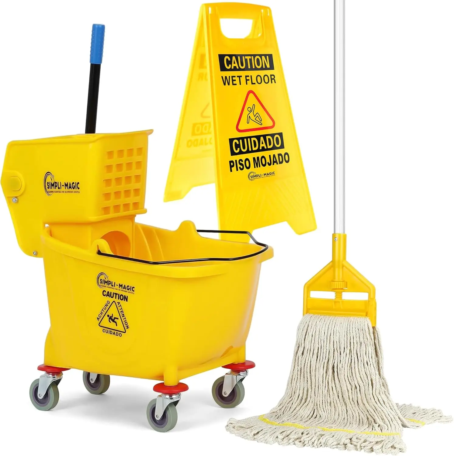 Commercial Mop Bucket with Wringer on Wheels, 35 Quart Yellow, Includes Wet Floor Sign and Mop Set
Commercial Mop Bucket with Wringer on Wheels, 35 Quart Yellow, Includes Wet Floor Sign and Mop Set