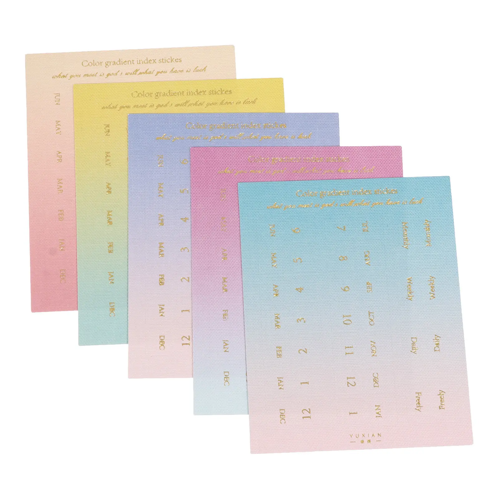 20 Sheets Date Month Sticky Labels Gradient Color Tear-Proof Index Tabs for Journals Planners Diaries Reminder Classification
20 Sheets Date Month Sticky Labels Gradient Color Tear-Proof Index Tabs for Journals Planners Diaries Reminder Classification