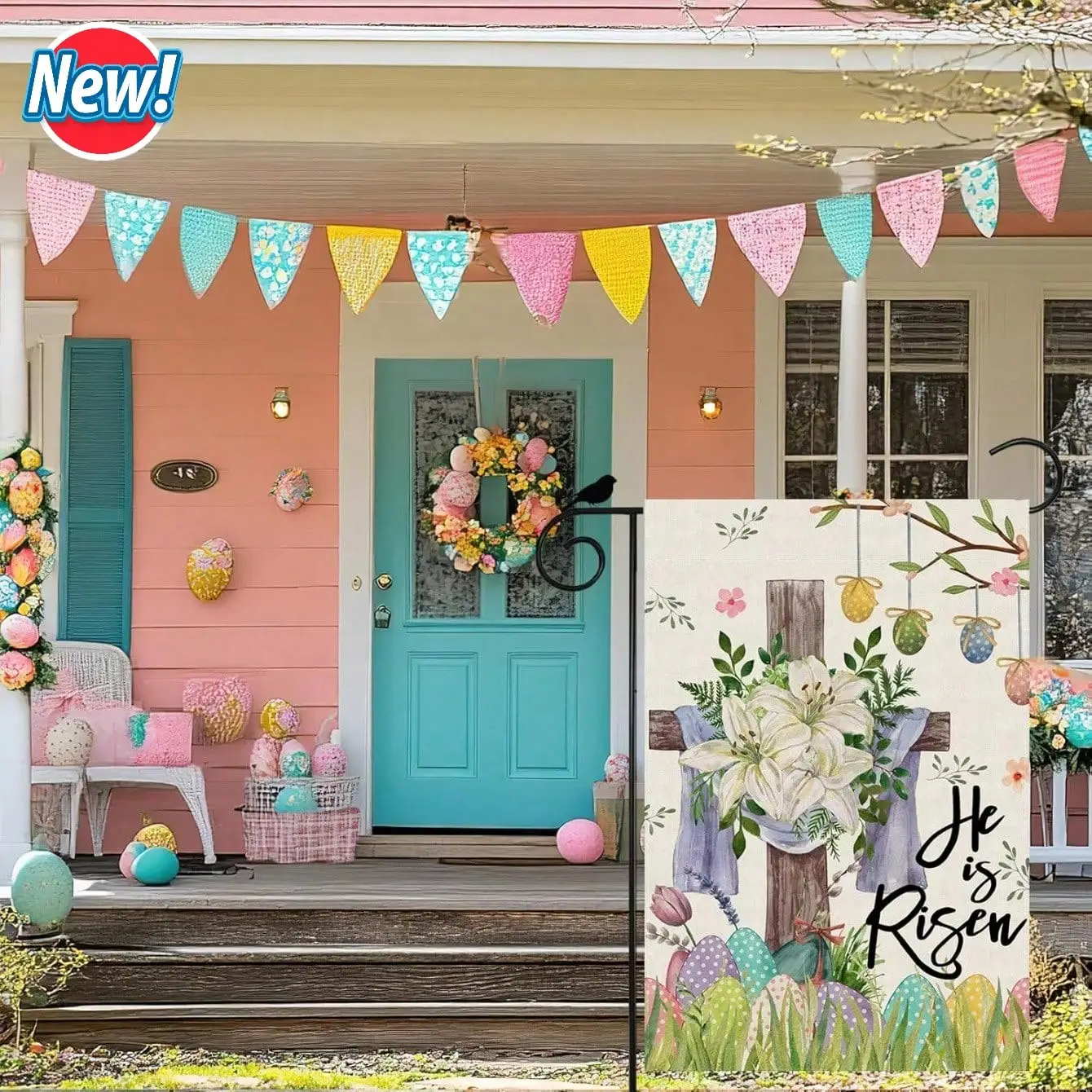 Double Sided Easter Garden Flag Reversible Religious He is Risen Watercolor Cross with Vibrant Lily Flowers & Colorful Eggs
Double Sided Easter Garden Flag Reversible Religious He is Risen Watercolor Cross with Vibrant Lily Flowers & Colorful Eggs