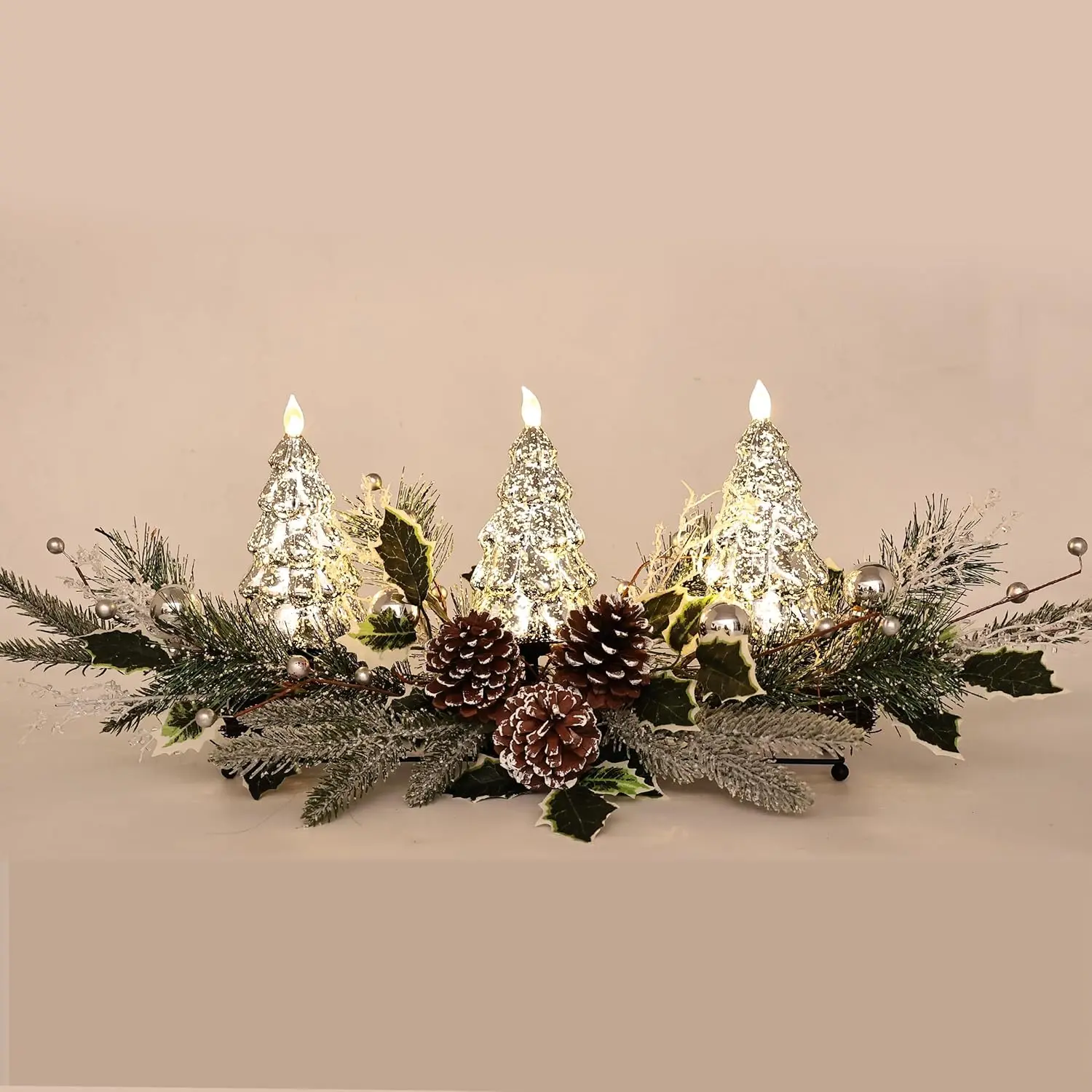 Christmas Table Centerpiece with LED Lights, Silver Tree, Pine Cones, Ornaments for Holiday Decor
Christmas Table Centerpiece with LED Lights, Silver Tree, Pine Cones, Ornaments for Holiday Decor