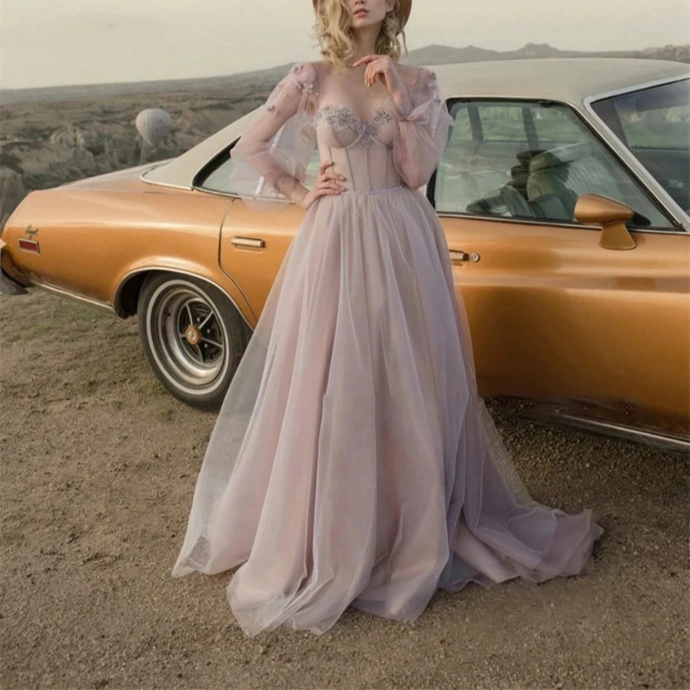 Angelsbridep Sweetheart Long Puff Sleeves Tulle Appliques Prom Dresses A Line Lace Up Backless Party Gown Train Robes De Soirée 
Angelsbridep Sweetheart Long Puff Sleeves Tulle Appliques Prom Dresses A Line Lace Up Backless Party Gown Train Robes De Soirée