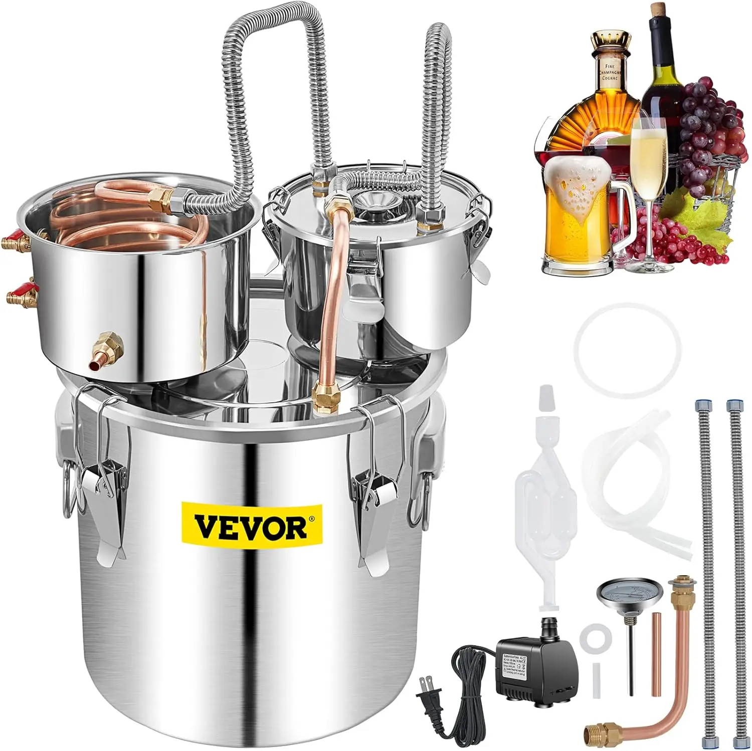 VEVOR Alcohol Still 13GAL/50L, Alcohol Distiller with Thumper Keg, Distillery Kit for Alcohol with Copper Tube & Build-in Thermo
VEVOR Alcohol Still 13GAL/50L, Alcohol Distiller with Thumper Keg, Distillery Kit for Alcohol with Copper Tube & Build-in Thermo