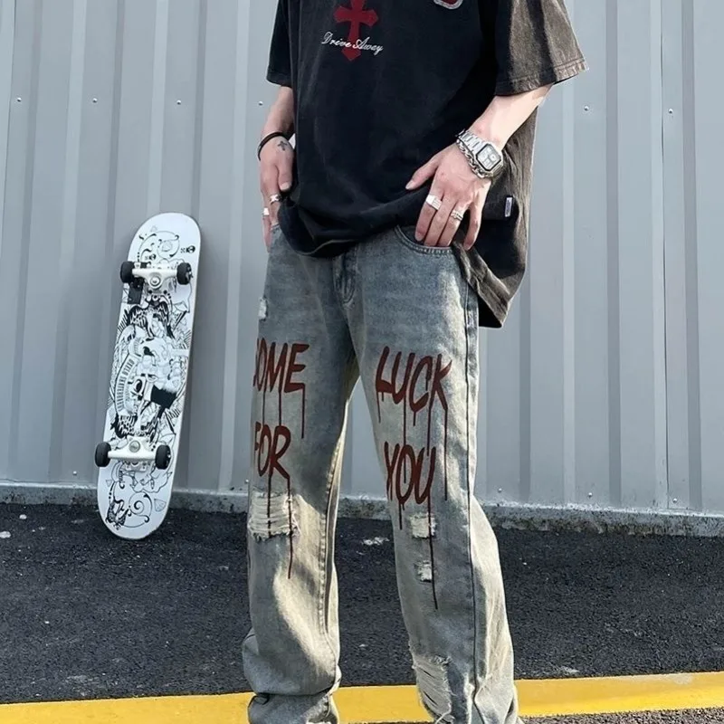 

High Street Washed Distressed Printed Jeans Men European American Hiphops Loose Fitting Straight Leg Denim Pants Instagram Trend
