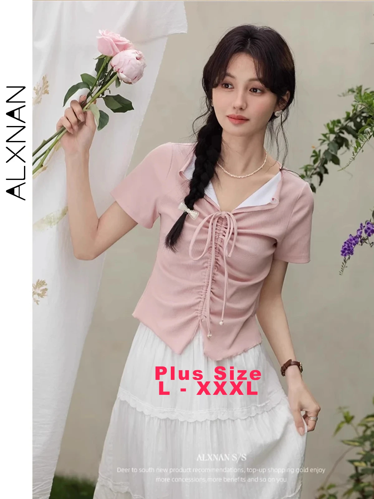 ALXNAN Plus Size Women's Pink T-shirt Elegant Cotton Short Sleeve T-shirt 2025 Summer V-neck Bow Tie Pleated Design Tops D09966
ALXNAN Plus Size Women's Pink T-shirt Elegant Cotton Short Sleeve T-shirt 2025 Summer V-neck Bow Tie Pleated Design Tops D09966