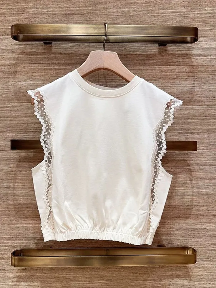 French Style Lace Splice Sleeveless Pure Cotton T-Shirt round Neck High Waist Design Breathable Short Length Casual Top
French Style Lace Splice Sleeveless Pure Cotton T-Shirt round Neck High Waist Design Breathable Short Length Casual Top