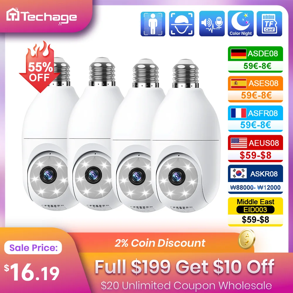 Techage 5G/2.4G 2MP E27 Bulb WIFI Camera Outdoor AI Human Tracking Two-way Audio Color Night Vision Security Surveillance Camera
Techage 5G/2.4G 2MP E27 Bulb WIFI Camera Outdoor AI Human Tracking Two-way Audio Color Night Vision Security Surveillance Camera