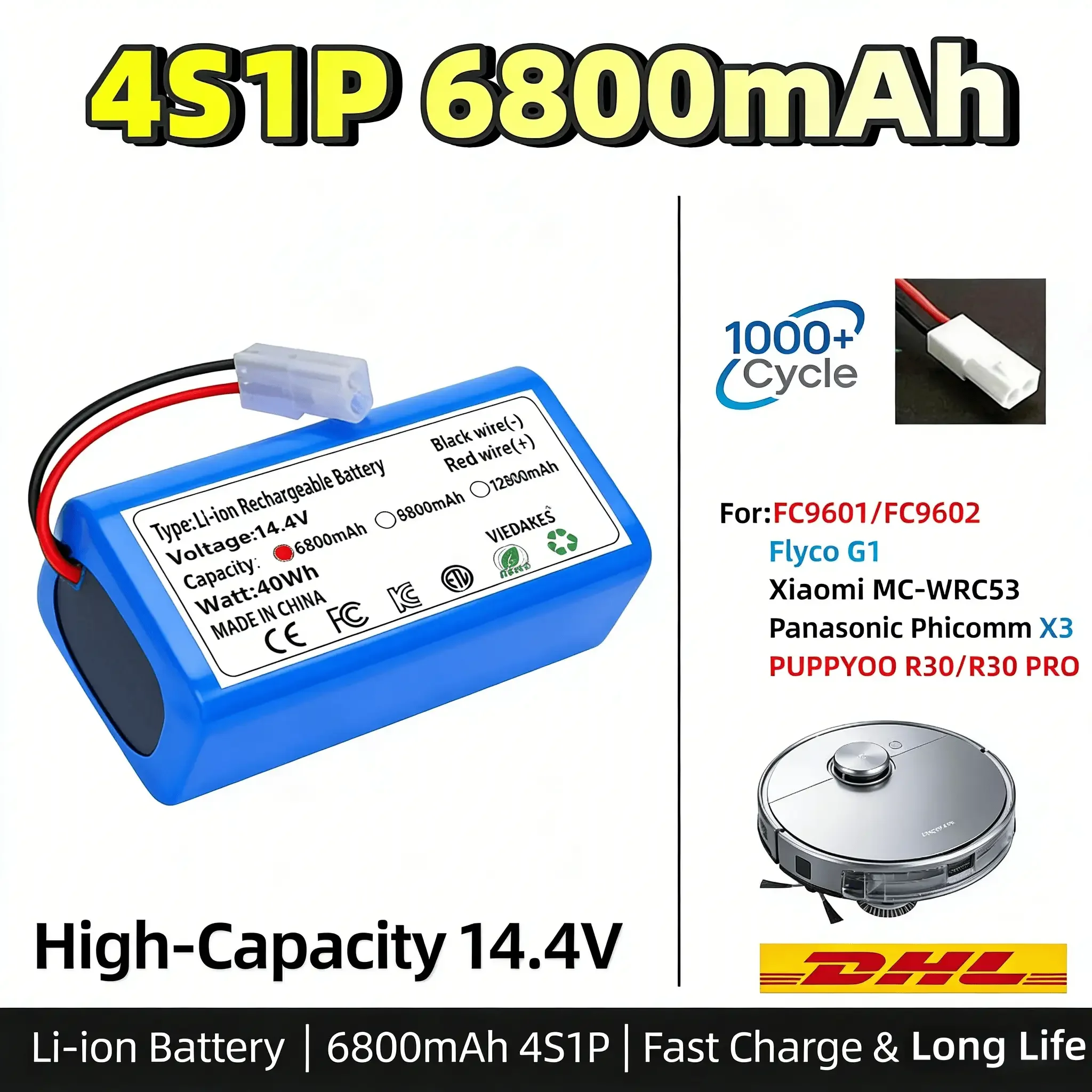 4S1P 14.4V 12800mAh Li-ion Battery Pack with Tamiya Plug High Capacity Replacement for Most 14.4V Robotic Vacuums RC Cars
4S1P 14.4V 12800mAh Li-ion Battery Pack with Tamiya Plug High Capacity Replacement for Most 14.4V Robotic Vacuums RC Cars