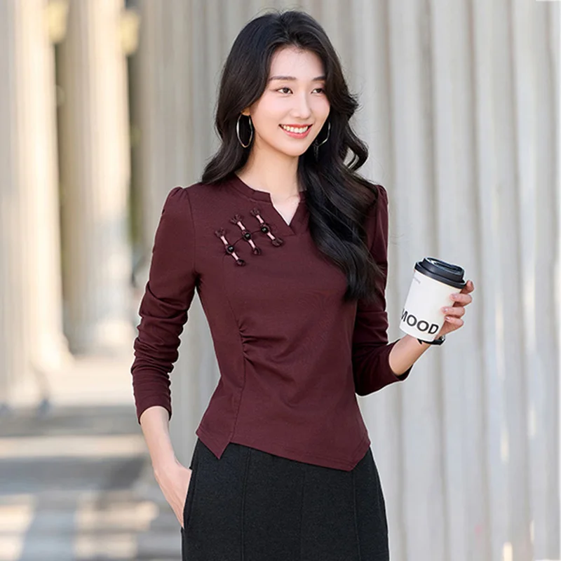 New Women Chinese Style Long Sleeve T-shirt Spring Autumn Fashion Small V-Neck Slim Waist Asymmetric Tees Simplicity Basic Tees
New Women Chinese Style Long Sleeve T-shirt Spring Autumn Fashion Small V-Neck Slim Waist Asymmetric Tees Simplicity Basic Tees