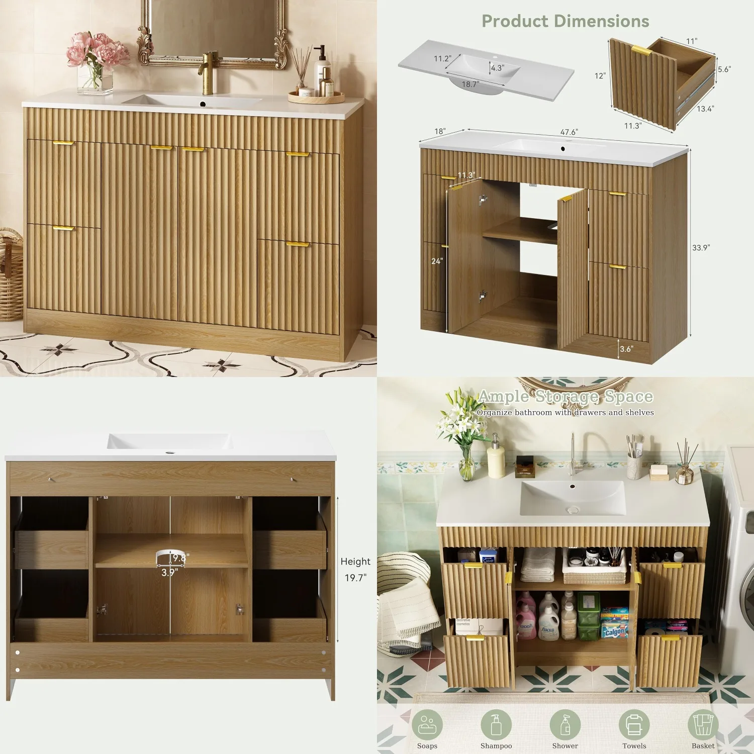 48" Fluted Bathroom Vanity with Sink Freestanding Cabinet Soft Close Door 4 Drawers Modern SMC Sink Oak, Customized
48" Fluted Bathroom Vanity with Sink Freestanding Cabinet Soft Close Door 4 Drawers Modern SMC Sink Oak, Customized