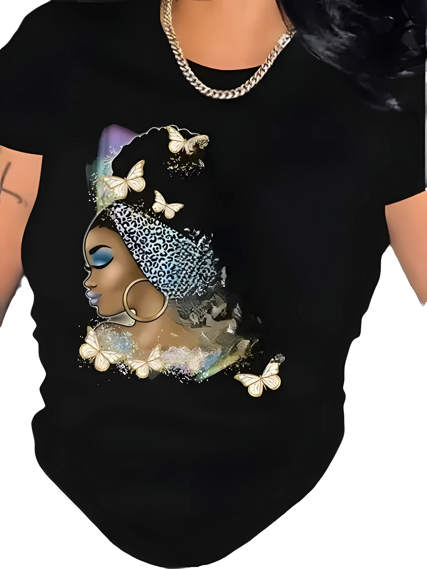 Plus Size Black Round Neck T - Shirt with African - inspired Female Portrait and Butterfly Print
Plus Size Black Round Neck T - Shirt with African - inspired Female Portrait and Butterfly Print