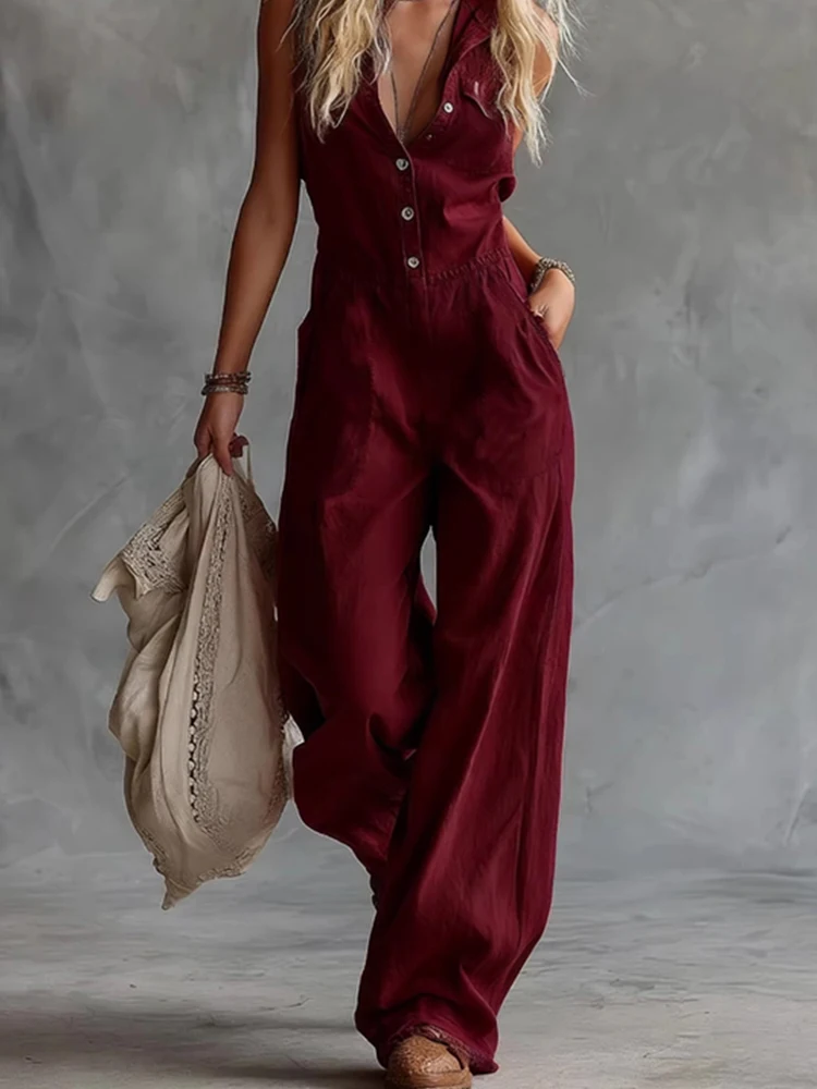 Sexy V-neck Sleeveless Linen Jumpsuits 2026 Women Fashion Street Solid Color Long Romper Elegant Button Pocket Solid Playsuits
Sexy V-neck Sleeveless Linen Jumpsuits 2026 Women Fashion Street Solid Color Long Romper Elegant Button Pocket Solid Playsuits