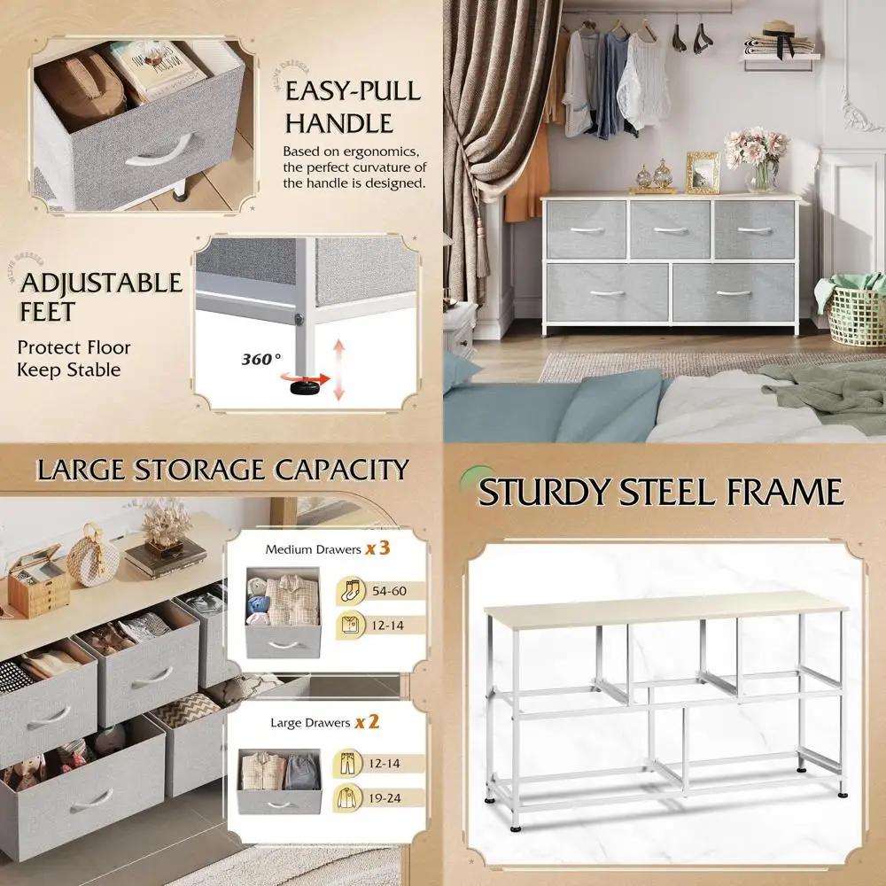 5-Drawer Light Grey Fabric Bedroom Dresser with Storage Bins for Living Spaces
5-Drawer Light Grey Fabric Bedroom Dresser with Storage Bins for Living Spaces